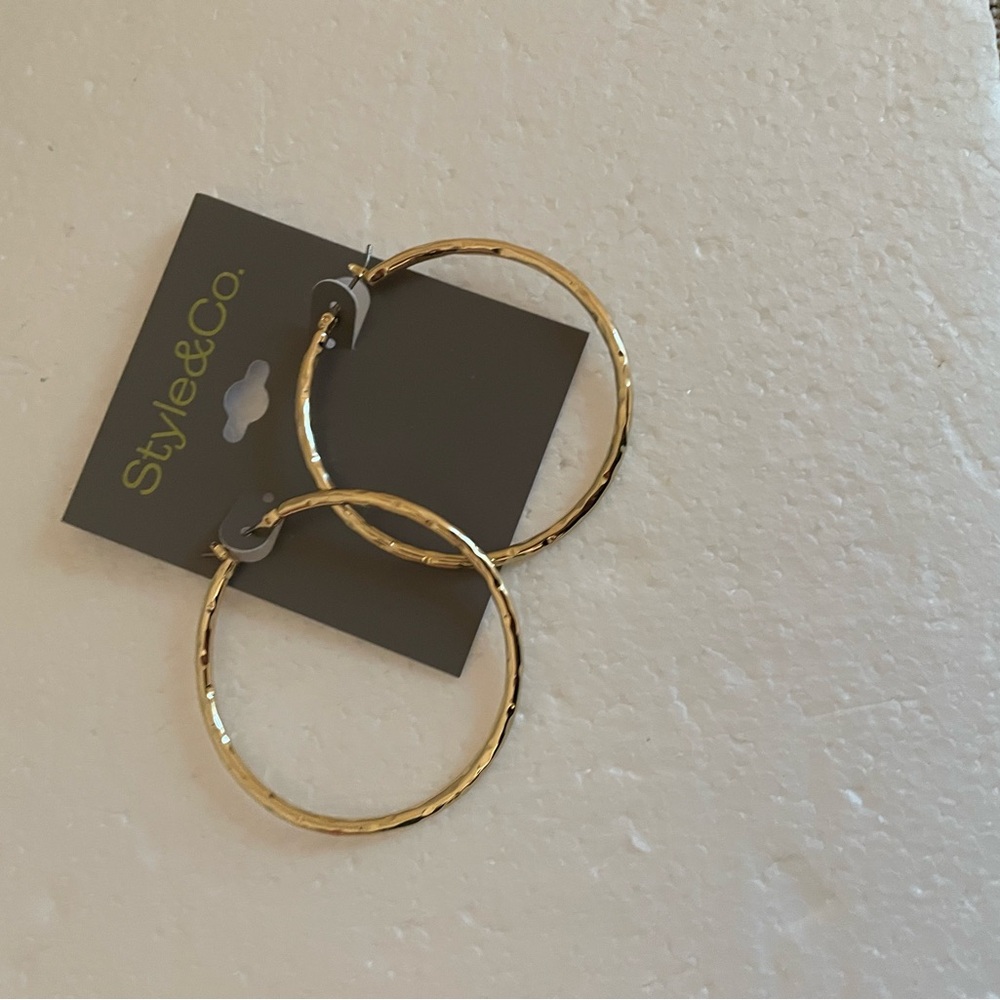 NWT Style & Co. Shimmering Gold-Tone Hoop 2”Hammered Earrings “For Pierced Ears”